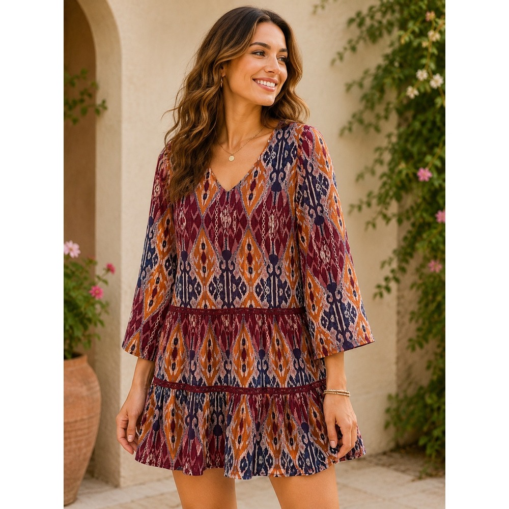 Sadie & Sage Ikat Print Tiered Tunic Top Burgundy Orange V-Neck Bell Sleeve M
